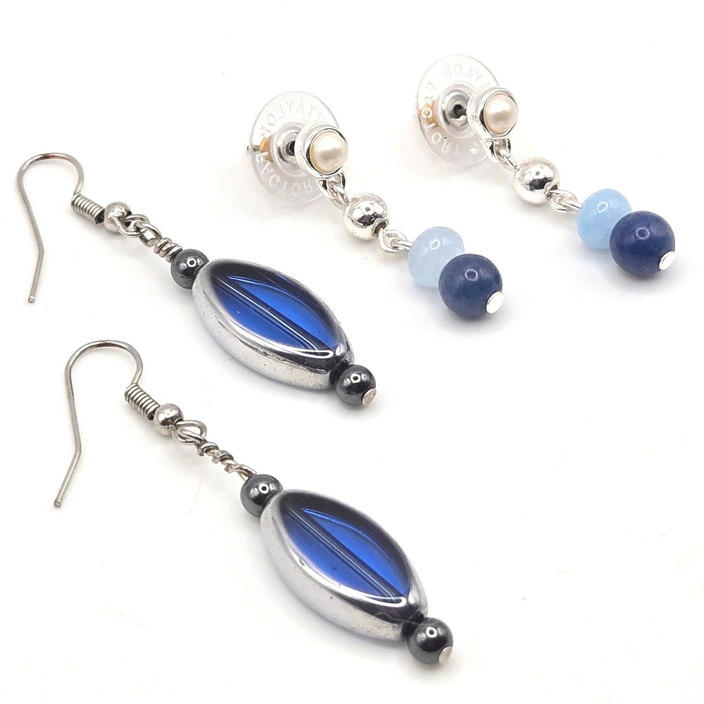 Anne Taylor Factory Blue Bead Drop & Marquise Glass Dangle Earring Lot 2 Pairs